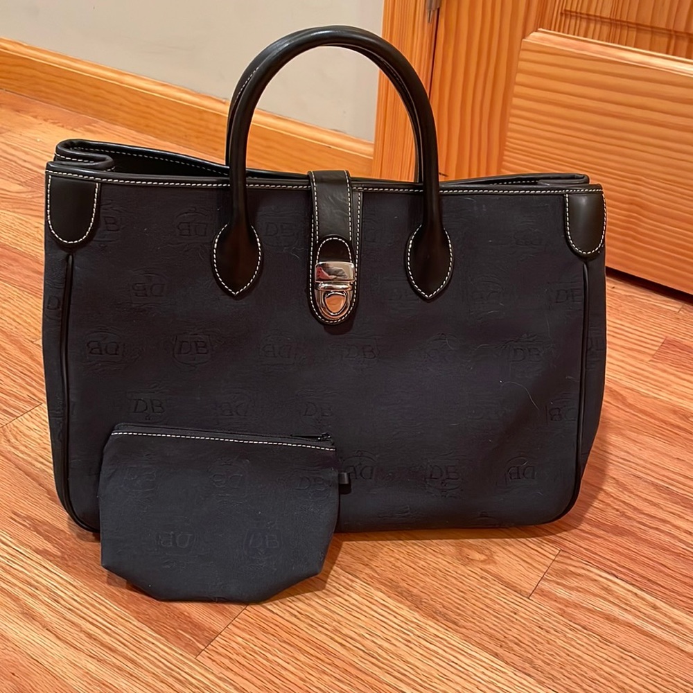 Dooney and Bourke Navy Tote with Black Leather Handles and Shoulder Strap